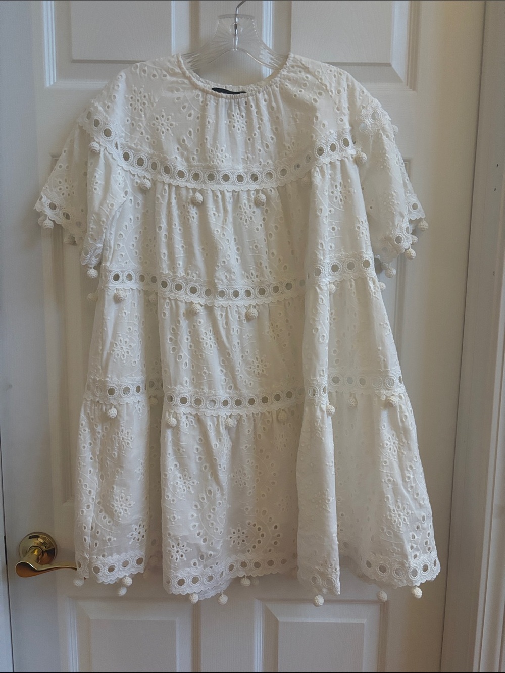 Cynthia Rowley White Eyelet Tiered Pom-Trim Dress